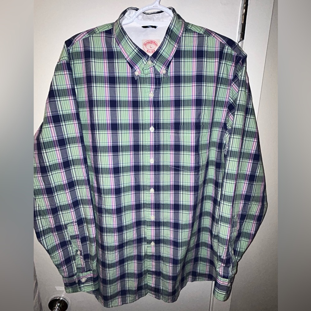 Brooks Brothers Men's Large Plaid Shirt - Green and Purple
